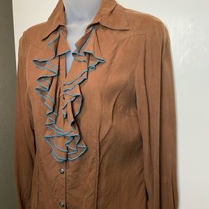 Tasha Polizzi Silk Blouse Brown with Turquoise Accent Stitching Size Small